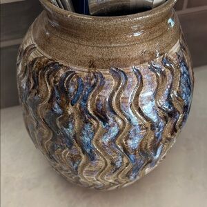 Handcrafted Ceramic Vase with Blue and Brown Waves